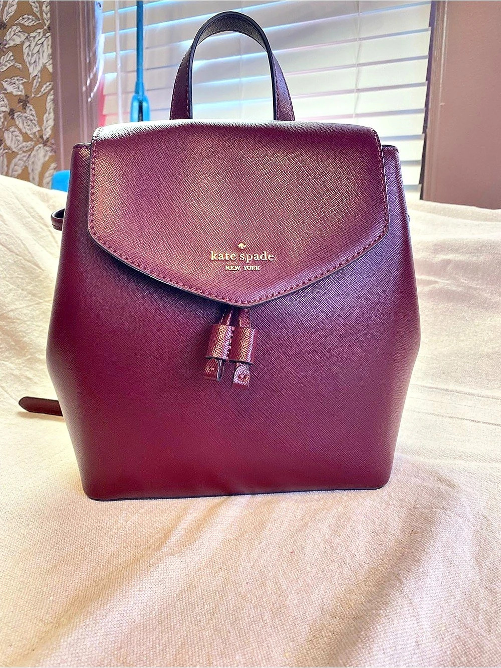 Kate Spade New York Saffiano Leather Flap Backpack Burgundy Deep Plum Tassel EUC